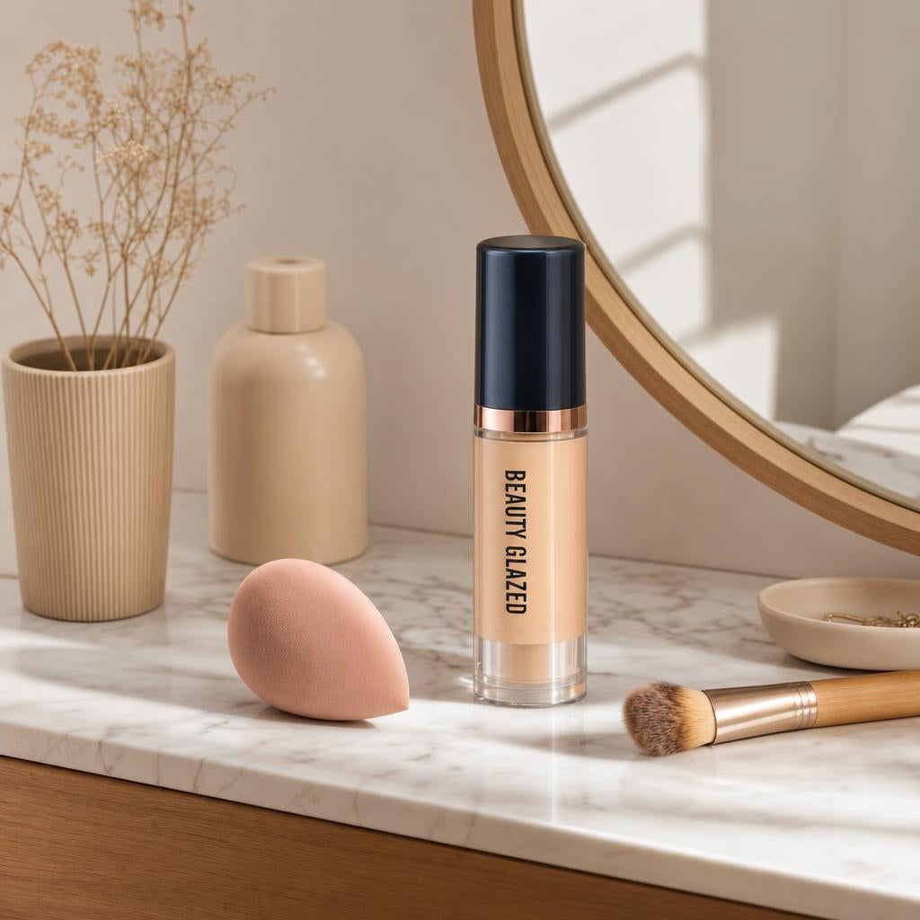 Base Beauty Glazed en un tocador de mármol con esponja y brocha