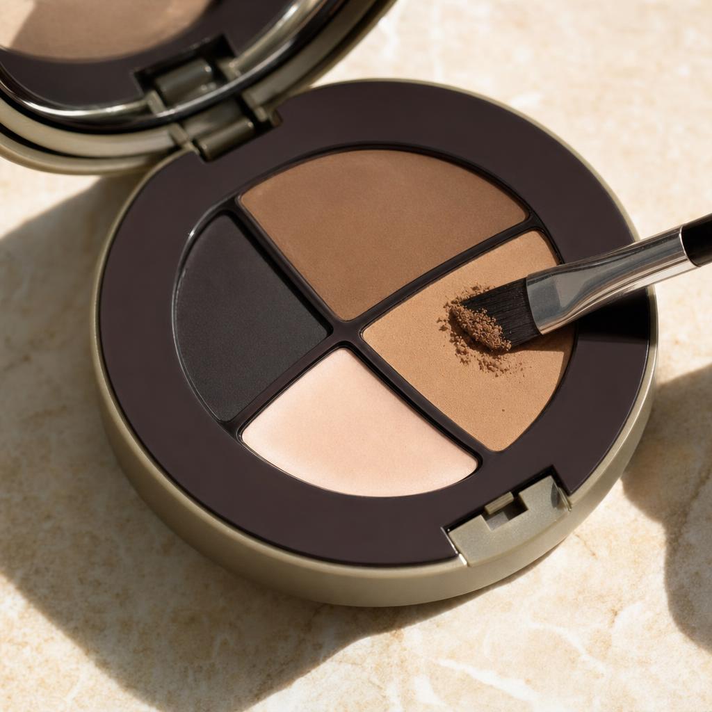 Detalle de las sombras para cejas del kit con pincel biselado