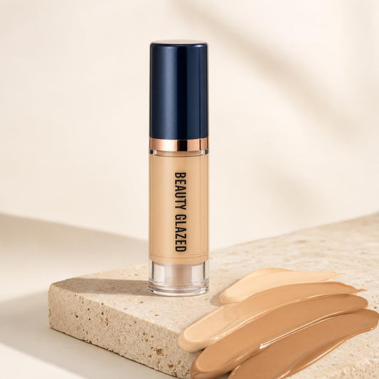 Base de maquillaje líquida Beauty Glazed sobre travertino con muestras de tonos