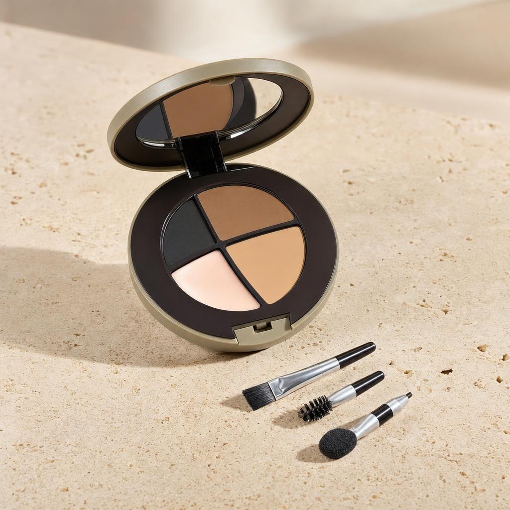 Kit perfeccionador de cejas y ojos abierto sobre travertino con sus pinceles