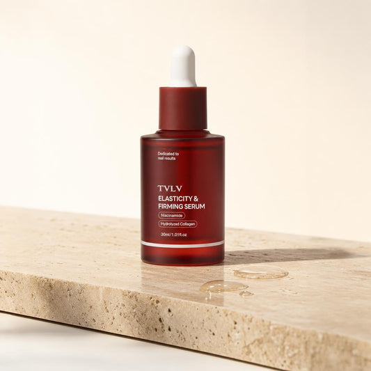 Sérum facial reafirmante de colágeno sobre piedra de travertino