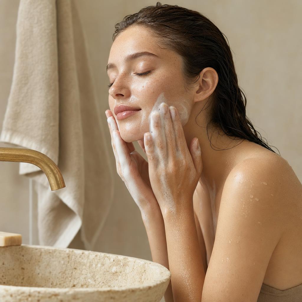 Mujer lavándose el rostro con espuma suave junto a un lavabo de piedra