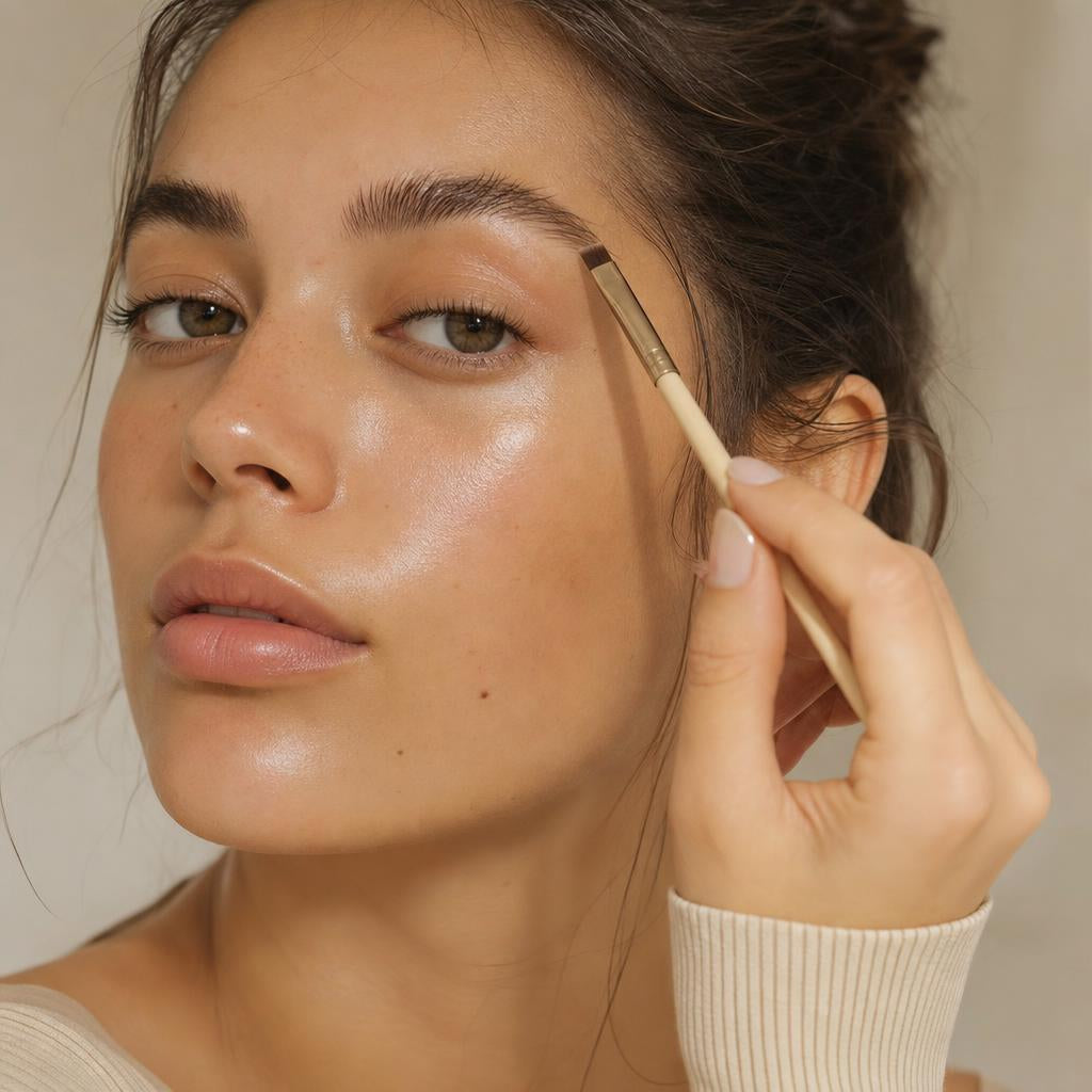Mujer definiendo sus cejas con un pincel biselado
