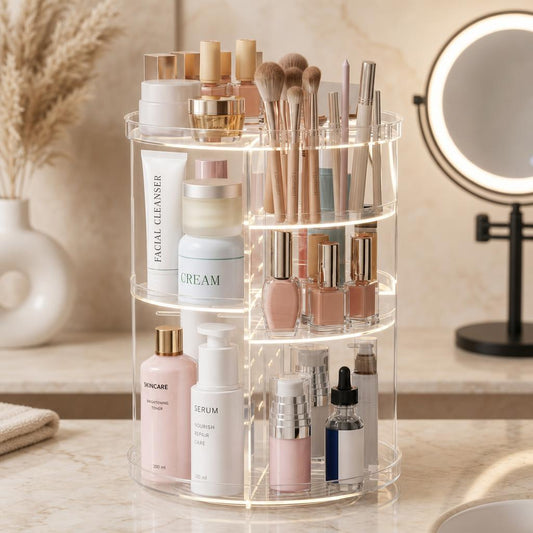 Organizador de maquillaje giratorio SpinStore 360° sobre tocador de mármol