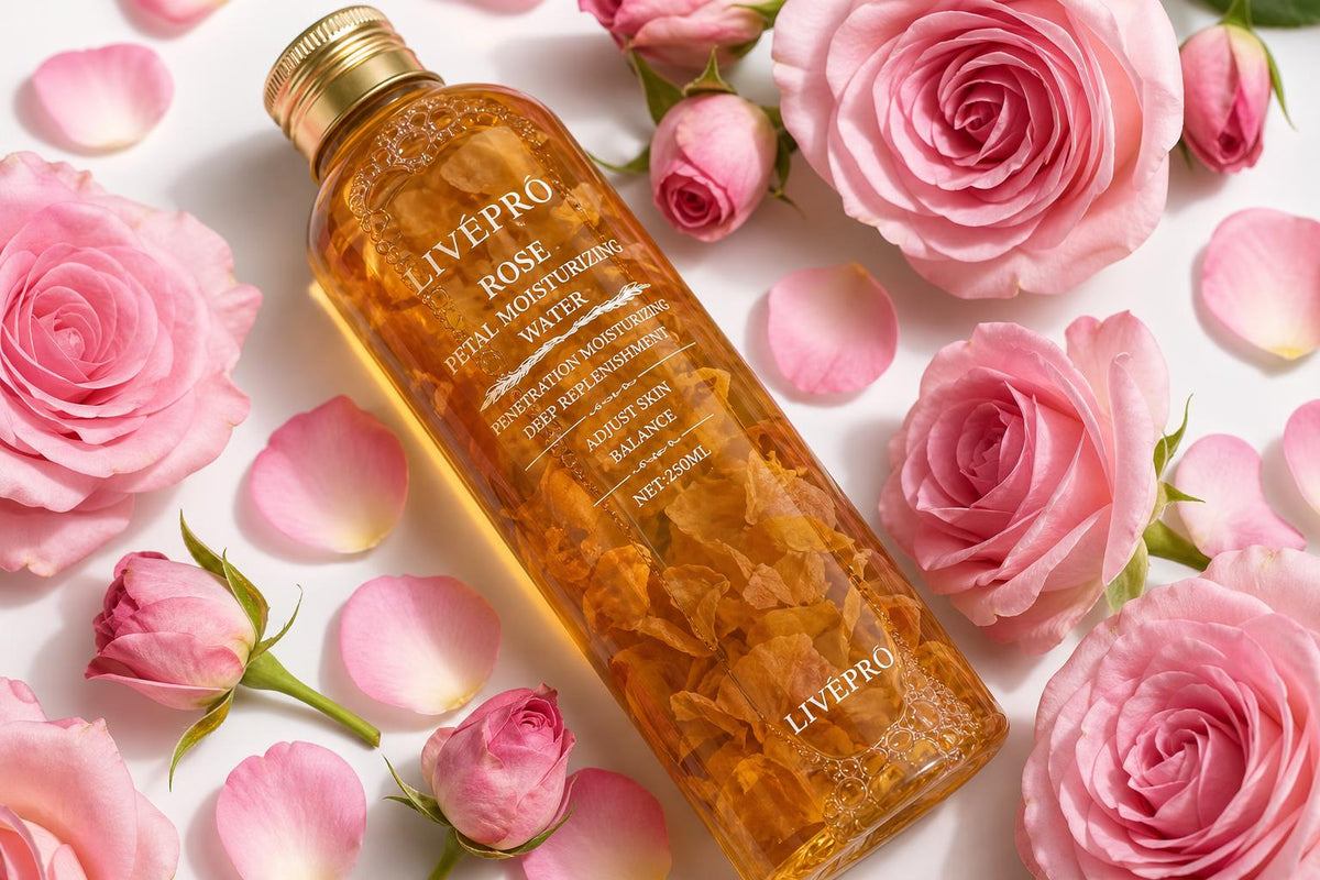 LIVEPRO Rose Petal Moisturizing Water entre rosas frescas